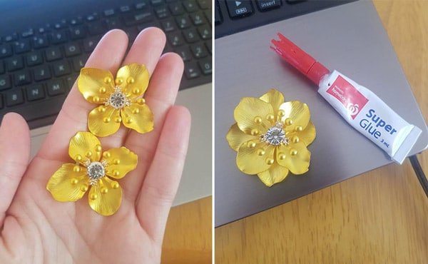 homemade yellow flower brooch from old earrings