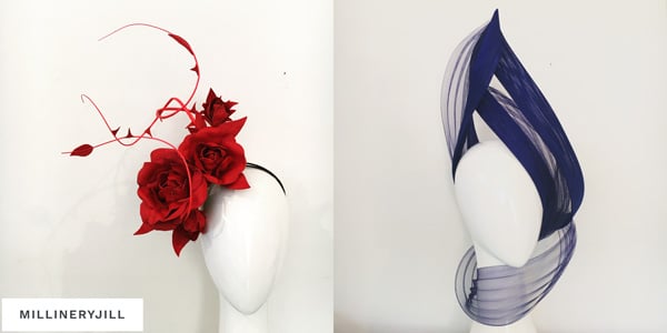 2017 millinery trends red flower fascinator and navy turban