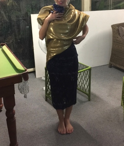 Milano wearing Alice McCall skirt gold sequin fabric