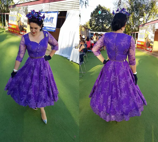 lace overlay purple race day dress