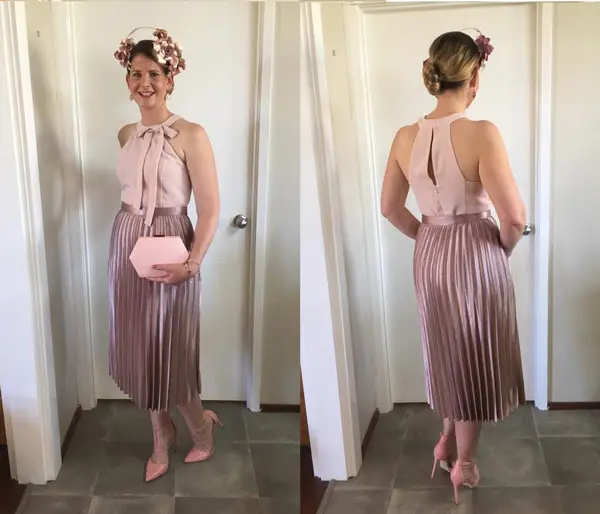 pink tones outfit with millinery