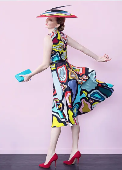 colourful print dress bright accessories
