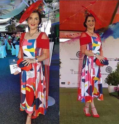 colourful dress with red accessories
