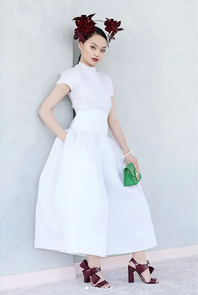 white dress green clutch moroon millinery shoes