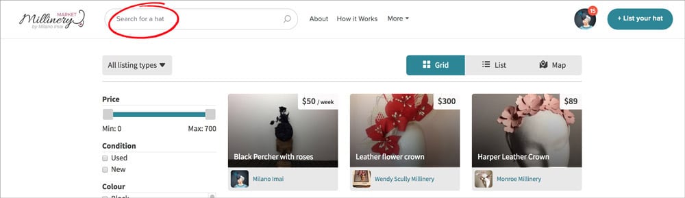 millinery market search feature