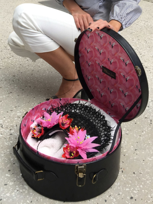 Vibrant pink print leather vintage hatbox