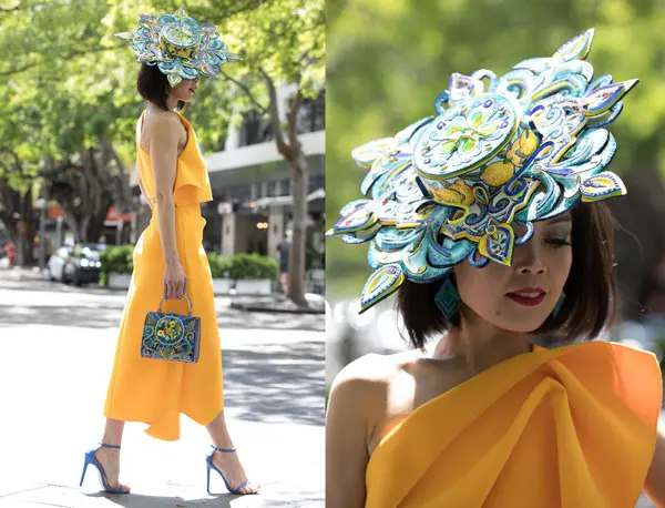 elis crewes canary yellow dress taboo millinery hat