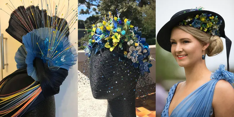 millinery options flowers floral blue boater hat