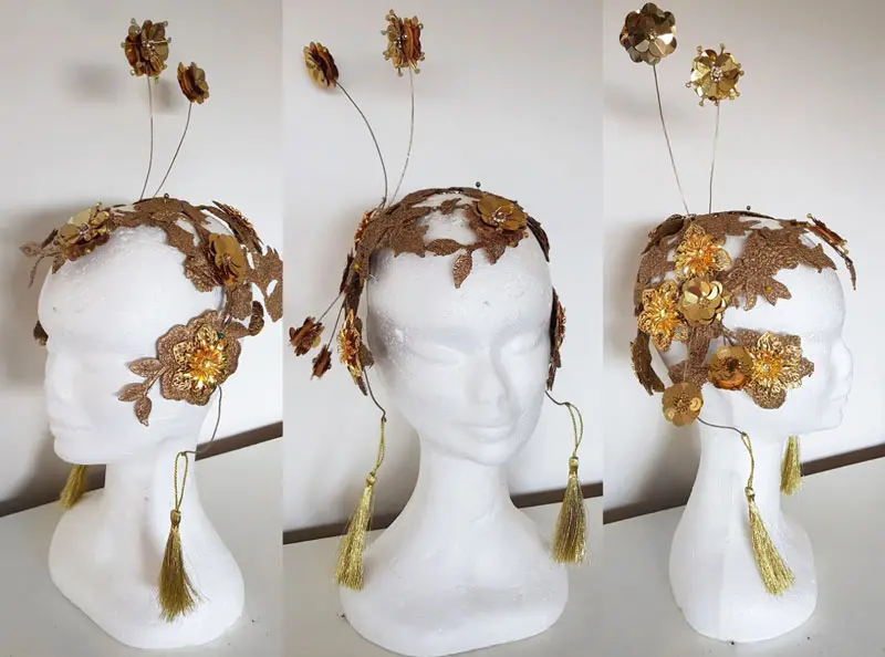 self made gold fascinator helmet