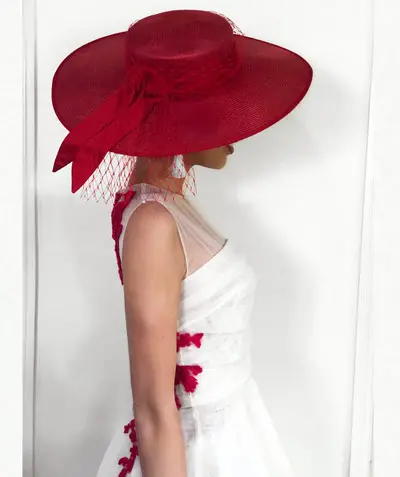 red wide brim hat from Millinery Market, judging Emerald 100 Race day, racewear, trends, dress, outfit, racing fashion, Milano Imai, fashion blogger