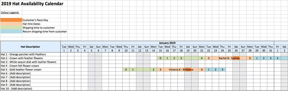hat millinery booking calendar tracking excel sheet