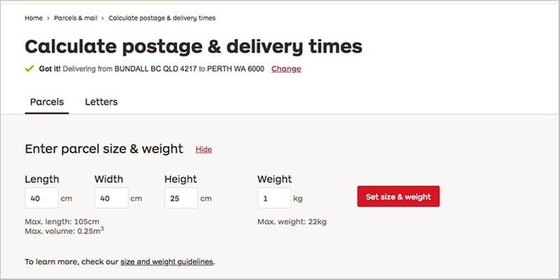 parcel dimensions and weight