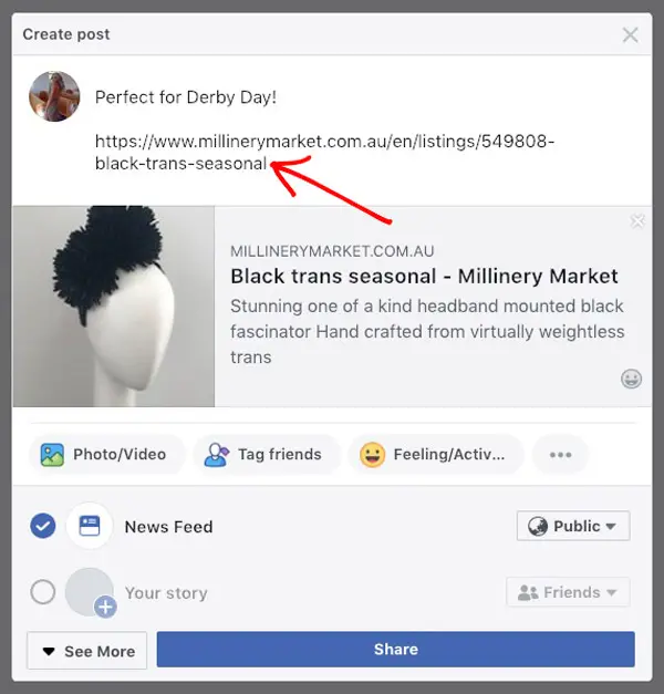 post hat listing URL to facebook