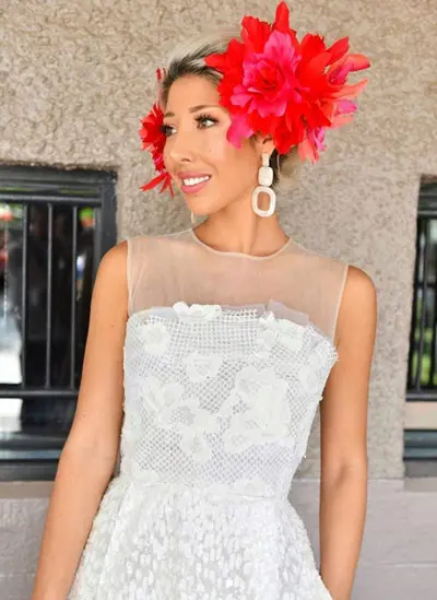 milano imai girls day out red feather fascinator white dress