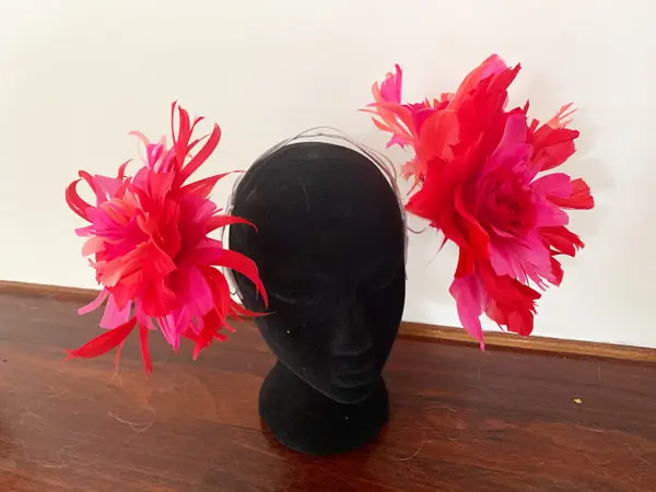 pink coral red feather headpiece