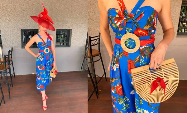 blue race dress red millinery hat bamboo clutch