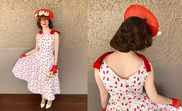 red cherry print race dress with red fascinator