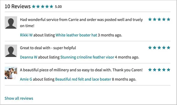 review system 5 stars caren lee millinery