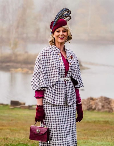 houndstooth print dress with maroon accents trending fashion