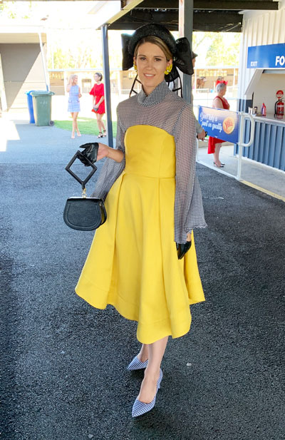 grey blouse under yellow dress race day fashion