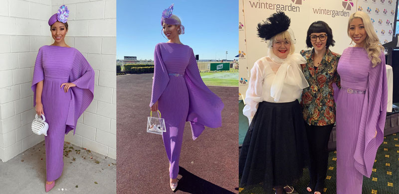 milano imai wearing pleated purple dress to different functions