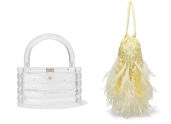 clear clutch and feathery bag trend