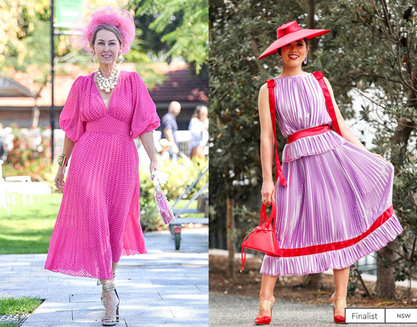 pink and purple pleated race day dresses