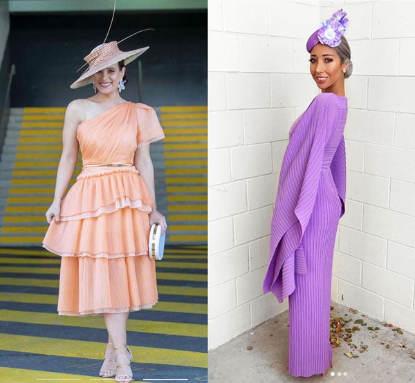 purple peach pleated dress for races