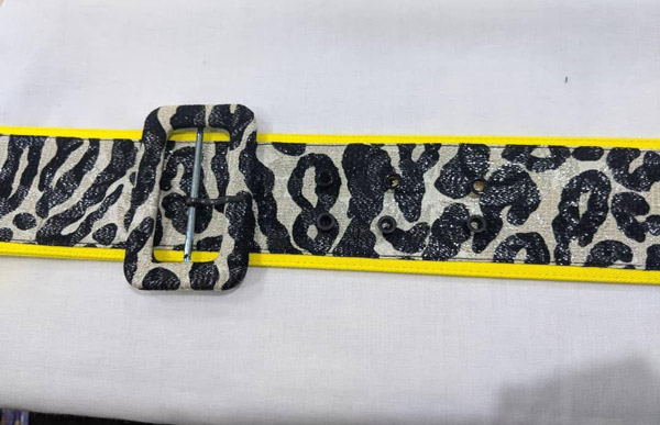 fabric covered belt leopard print black white with yellow edges