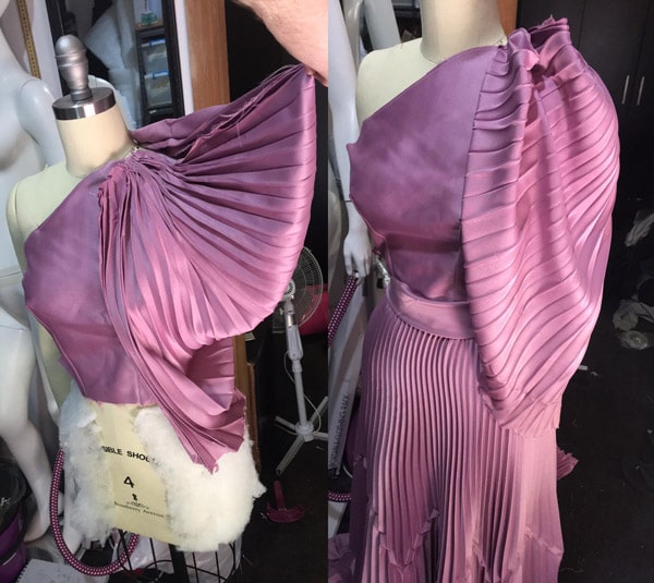 fashion design with sleeve feature purple pleated outfit