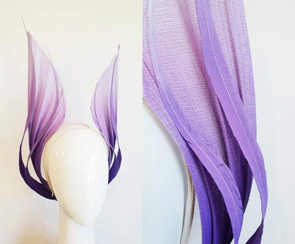 Peacock Millinery’s Jinsin and feather turbans purple headpiece