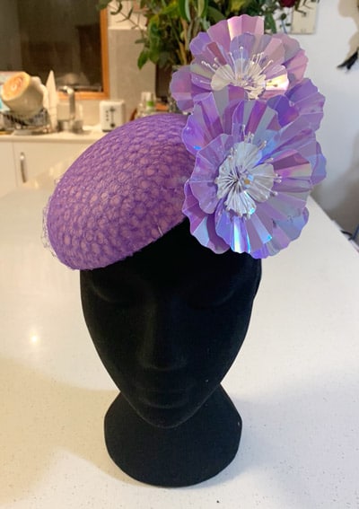 iridescent flowers made by Lynn at Love Lotus purple millinery