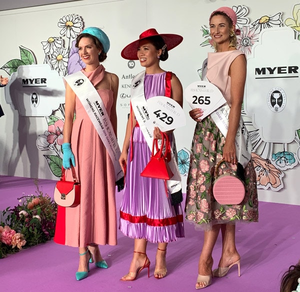 2019 Oaks Day Fashions on the Field Winners Kristy Edwards, Stephanie Kwong and Aleisha Williams.