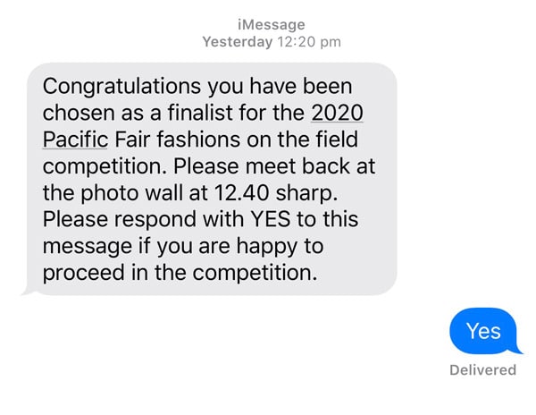 text message invitation to top 10 finals