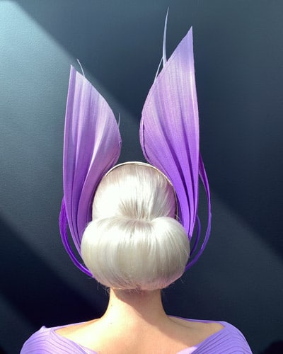 milano imai purple peacock millinery turban with big bun rear photo