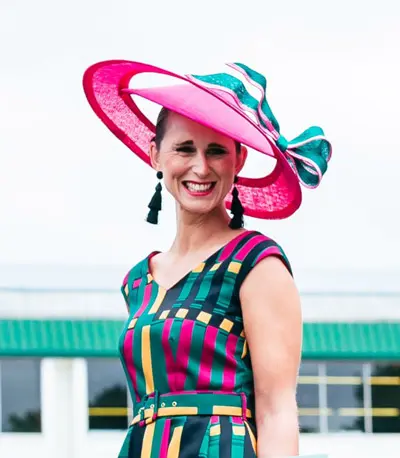 pink and aqua coloured hat and dress races